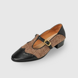 Helga – kahe materjaliga T-rihmaga kingad brogue-mustriga