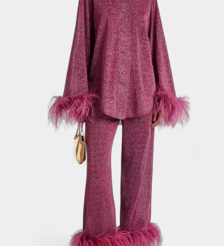 Polina Long Sleeve Blouse & Casual Pants Set with Feather Necklace
