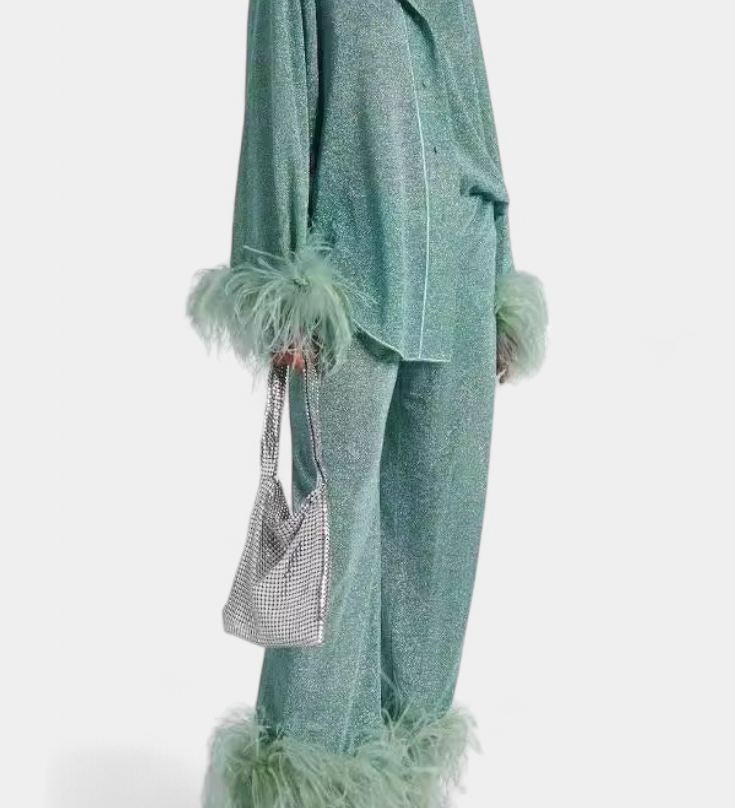Polina Long Sleeve Blouse & Casual Pants Set with Feather Necklace