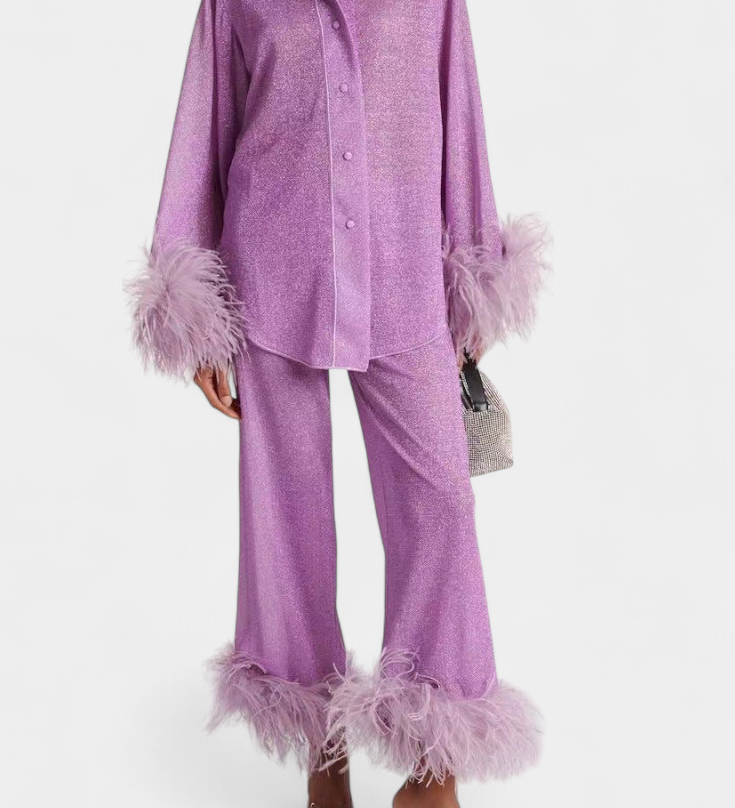 Polina Long Sleeve Blouse & Casual Pants Set with Feather Necklace