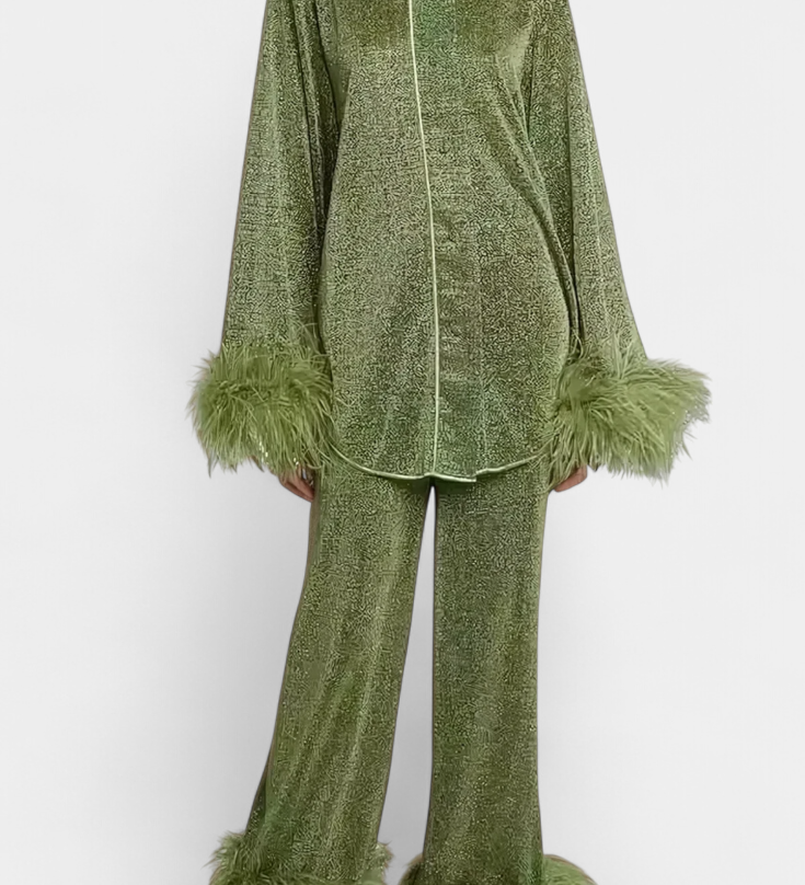 Polina Long Sleeve Blouse & Casual Pants Set with Feather Necklace