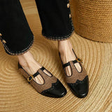 Helga – kahe materjaliga T-rihmaga kingad brogue-mustriga
