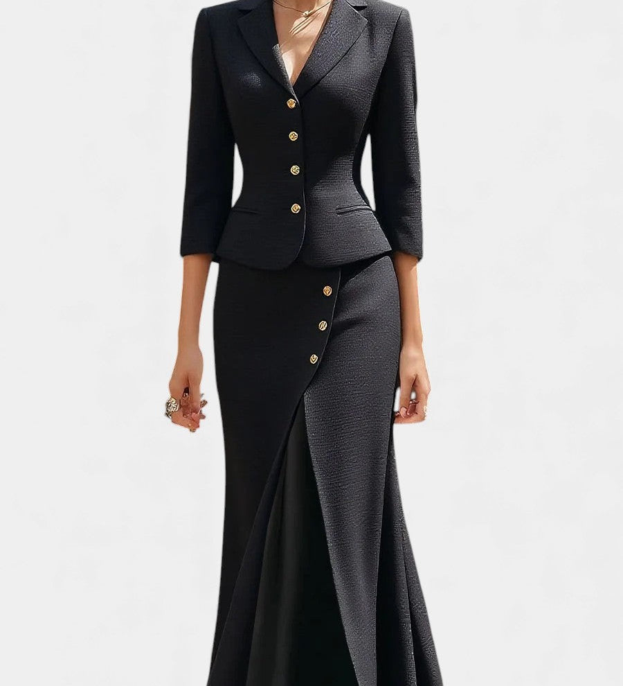 Natalina Chic Ecru Tailored Suit with Flowing Long Wrap Skirt